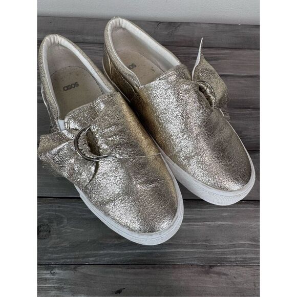 ASOS Metallic Gold Slip On Bow Platform Loafer Size 7 - Picture 3 of 11